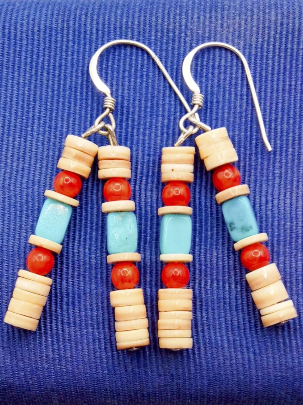 925 Silver Kewa Santo Domingo Style Heishi Turquoise Coral Dangle Earrings